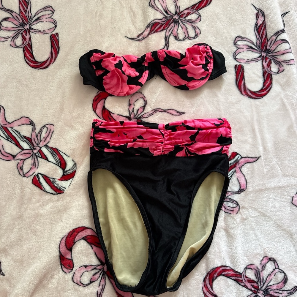 Vintage 80s pink black floral strapless high leg bikini set S